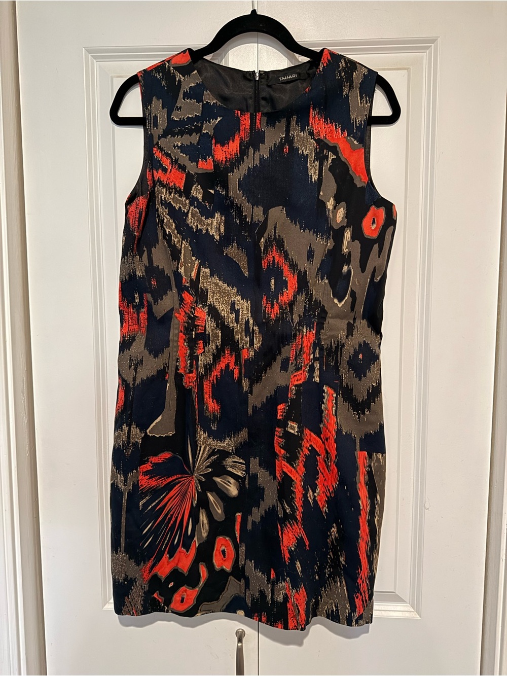 Tahari Black Dress with Red and Tan Abstract Print